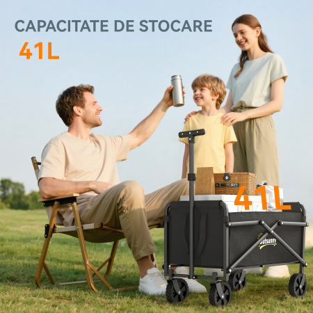  Carucior de Gradina Pliabil 41L cu 4 Roti, Trolley de Camping din Metal si Material Textil Oxford cu Geanta de Transport si Maner Reglabil, Negru [3]