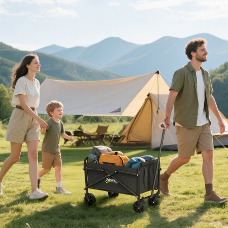  Carucior de Gradina Pliabil 41L cu 4 Roti, Trolley de Camping din Metal si Material Textil Oxford cu Geanta de Transport si Maner Reglabil, Negru [1]