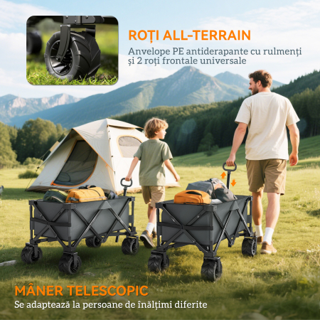  Carucior de gradina, sarcina maxima 70kg, cu maner telescopic, din metal si material Oxford, 108x55 cm, gri [3]