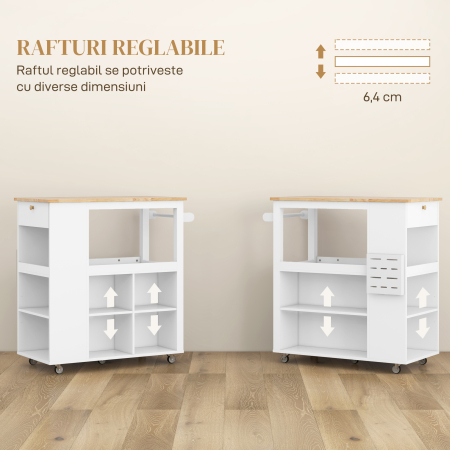  Carucior Insula de Bucatarie cu Rafturi Reglabile, Suport pentru Cutite si Blat din Lemn, 86.5x47x88 cm, Alb [4]