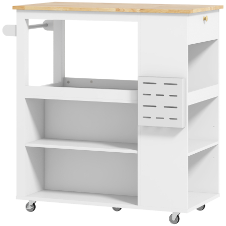 Bucatarie -  Carucior Insula de Bucatarie cu Rafturi Reglabile, Suport pentru Cutite si Blat din Lemn, 86.5x47x88 cm, Alb
