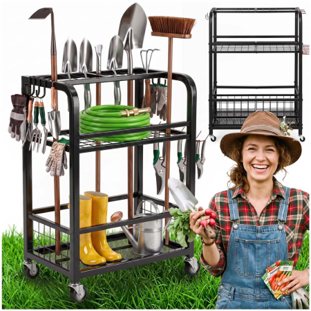 Carucior mobil pentru scule si unelte de gradina cu 3 rafturi, organizator metalic cu roti, 66x40x96 cm, negru [24]