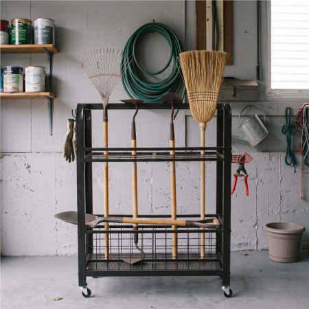 Carucior mobil pentru scule si unelte de gradina cu 3 rafturi, organizator metalic cu roti, 66x40x96 cm, negru [18]