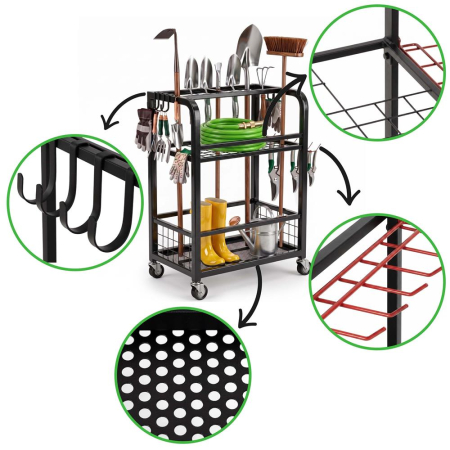 Carucior mobil pentru scule si unelte de gradina cu 3 rafturi, organizator metalic cu roti, 66x40x96 cm, negru [25]