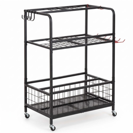 Carucior mobil pentru scule si unelte de gradina cu 3 rafturi, organizator metalic cu roti, 66x40x96 cm, negru [26]