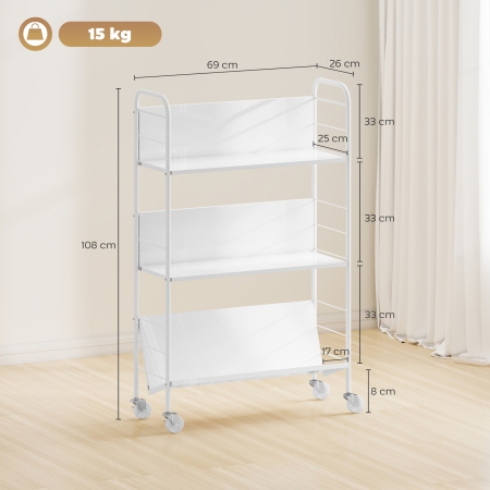  Carucior Modern pentru Carti cu 3 Nivele si Roti Pivotante pentru Carti si Reviste, 69x26x108 cm, Alb [2]
