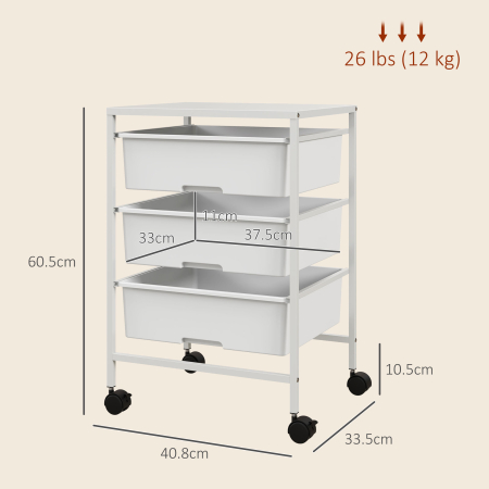  Carucior Multifunctional cu 3 Cosuri si Roti, Carucior pentru Bucatarie si Birou din Otel si Plastic, 40.8x33.5x60.5 cm, Alb [2]
