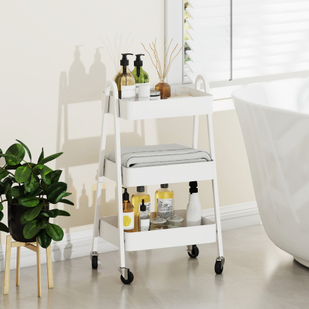  Carucior Multifunctional pentru Bucatarie cu 3 Niveluri, Roti Pivotante cu Frana si Manere, Alb [8]