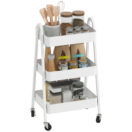 Dulapuri si rafturi depozitare -  Carucior Multifunctional pentru Bucatarie cu 3 Niveluri, Roti Pivotante cu Frana si Manere, Alb
