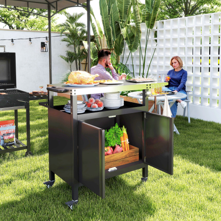  Carucior pentru Barbecue cu Dulap, Raft Deschis si Masa Laterala, din Otel Inoxidabil, 116x50x93 cm, Negru [1]