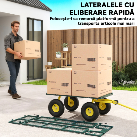  Carucior pentru Gradina din Otel, cu Capacitate de 200 kg si Pereti Laterali Detasabili, 104x54x51 cm, Verde si Galben [4]