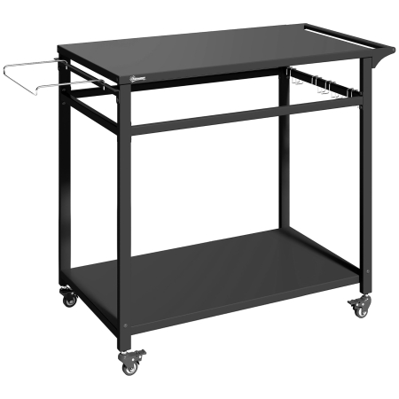 Gradina & balcon -  Carucior pentru Gratar, 2 Rafturi, Suport Pizza, Suport Saci si Carlige, Negru.