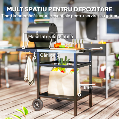  Carucior pentru Gratar cu Blat din Otel Inoxidabil, Raft Pliabil si Husa de Protectie, 91x58x76 cm, Negru [4]
