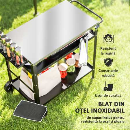  Carucior pentru Gratar cu Blat din Otel Inoxidabil si Raft Reglabil, 100x52x80 cm, Negru [3]