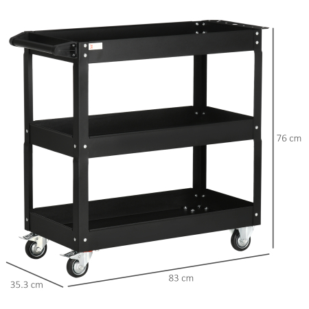  Carucior Port-Scule cu 3 Niveluri din Otel cu Margini inalte si 4 Roti Pivotante, 83x35,3x76 cm, Negru [2]