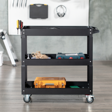  Carucior Port-Scule cu 3 Niveluri din Otel cu Margini inalte si 4 Roti Pivotante, 83x35,3x76 cm, Negru [6]