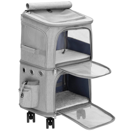 Carucior tip troller pentru transport animale, dublu cu 2 compartimente separate, maxim 22 kg, 55x34x26 cm, gri [7]