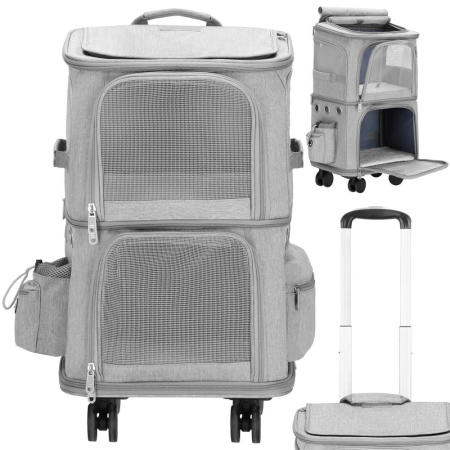 Carucior tip troller pentru transport animale, dublu cu 2 compartimente separate, maxim 22 kg, 55x34x26 cm, gri [4]