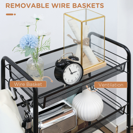  Carucior utilitar cu 4 niveluri, carucior de servire rulant cu cosuri de plasa detasabile, pentru sufragerie si bucatarie, spalatorie, garaj si baie, negru [4]