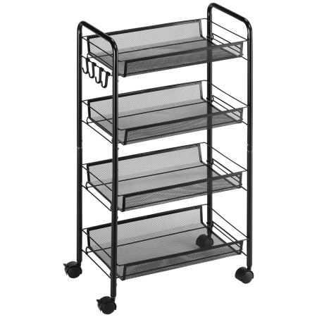Bucatarie -  Carucior utilitar cu 4 niveluri, carucior de servire rulant cu cosuri de plasa detasabile, pentru sufragerie si bucatarie, spalatorie, garaj si baie, negru
