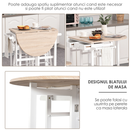  Carut Bucatarie Pliabil - Cu 2 Scaune Incluse, MDF Alb [6]