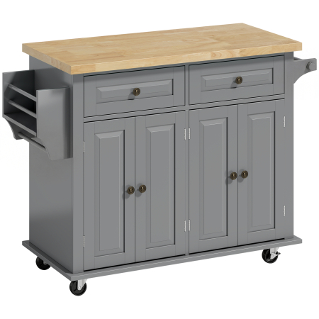 Bucatarie -  Carut de Bucatarie cu 2 Sertare si 2 Dulapuri, Insula de Bucatarie cu Blat din Lemn, 111x44,5x82,5 cm, Gri