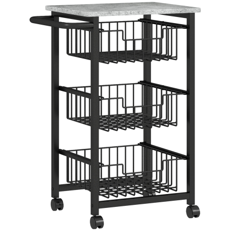 Dulapuri si rafturi depozitare -  Carut de bucatarie cu 3 cosuri si maner, din otel si lemn, 49.5x31x69 cm, negru si gri deschis