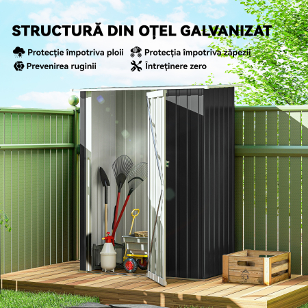  Casa de Depozitare Unelte Gradina, sopron Metalic Rezistent la Intemperii, Spatiu Depozitare pentru Gardina si Instrumente, 142×84×189 cm [3]