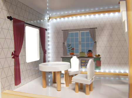 Casa de papusi mare din lemn cu 3 etaje, 4 camere, terasa, mobilier si iluminare LED, 62x27x78 cm, alb [6]