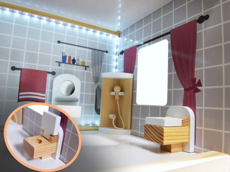Casa de papusi mare din lemn cu 3 etaje, 4 camere, terasa, mobilier si iluminare LED, 62x27x78 cm, alb [5]
