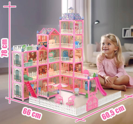 Casa de papusi pentru copii cu 374 piese, animale, mobilier si accesorii, 80x60x50 cm, roz [5]