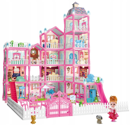 Dormitor & birou - Casa de papusi pentru copii cu 374 piese, animale, mobilier si accesorii, 80x60x50 cm, roz