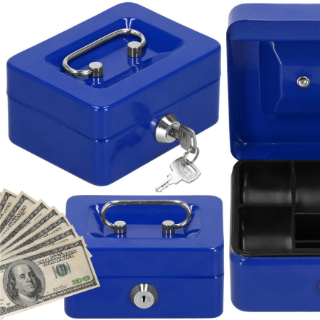 Caseta pentru bani tip cutie de valori, compartimentanta, cu cheie, metal, 12.5x9.5x6.5cm, albastru [17]