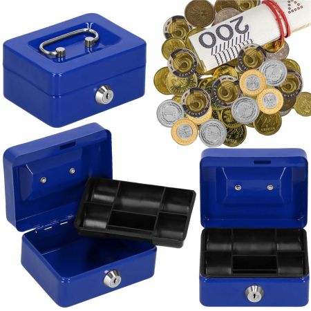 Caseta pentru bani tip cutie de valori, compartimentanta, cu cheie, metal, 12.5x9.5x6.5cm, albastru [21]