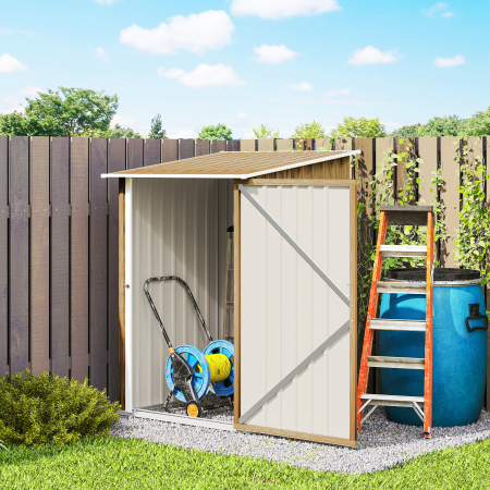  Casuta de Gradina 0.92m² din Otel Galvanizat, Depozit pentru Unelte cu Usa Blocabila, Acoperis inclinat, 100x104x160 cm, Maro Deschis cu Aspect Lemn [8]