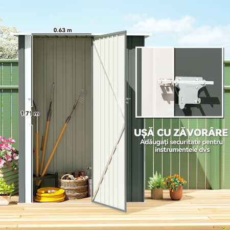 Casuta de Gradina 1.07m² din Otel Galvanizat, Casuta pentru Depozitare cu Usa Blocabila, Acoperis inclinat, 142x86x189 cm, Gri Deschis [4]