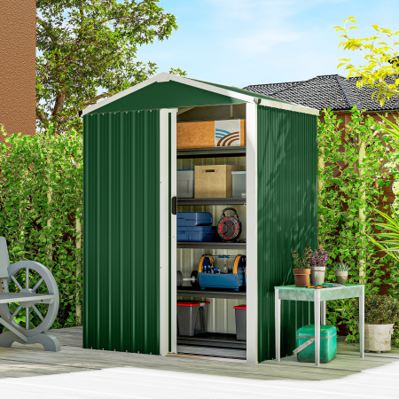  Casuta de Gradina 1.1m² din Otel Galvanizat, Casuta de Depozitare cu Usa Glisanta Blocabila, Acoperis inclinat, Manusi, Casuta de Unelte, 136x87x179 cm, Verde [1]