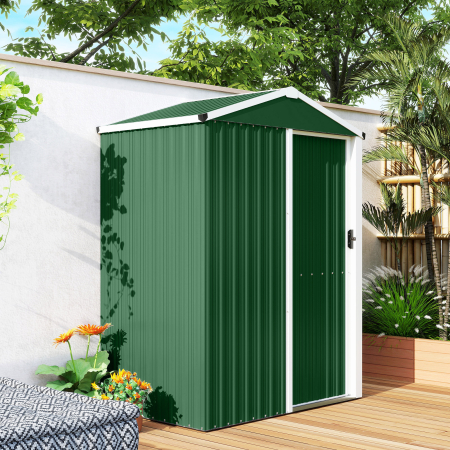  Casuta de Gradina 1.1m² din Otel Galvanizat, Casuta de Depozitare cu Usa Glisanta Blocabila, Acoperis inclinat, Manusi, Casuta de Unelte, 136x87x179 cm, Verde [8]