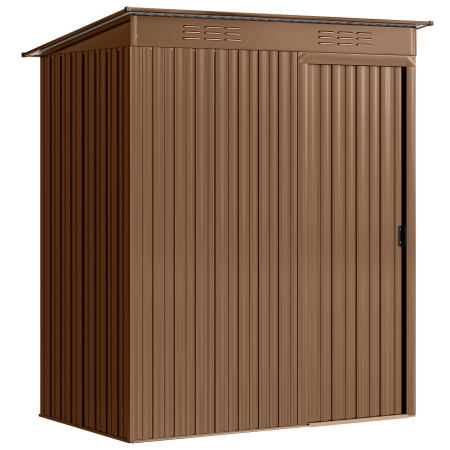  Casuta de Gradina 1.37m² din Metal, Montaj Usor, Casuta pentru Unelte de Gradina cu Orificii de Aerisire, Usa Glisanta, Acoperis inclinat si Manusi, 159x106x181 cm, Maro [0]