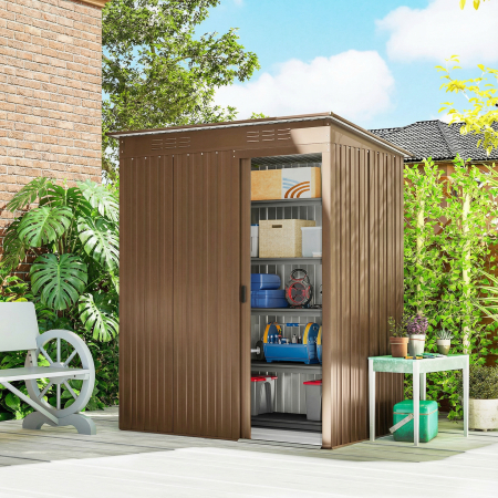  Casuta de Gradina 1.37m² din Metal, Montaj Usor, Casuta pentru Unelte de Gradina cu Orificii de Aerisire, Usa Glisanta, Acoperis inclinat si Manusi, 159x106x181 cm, Maro [1]