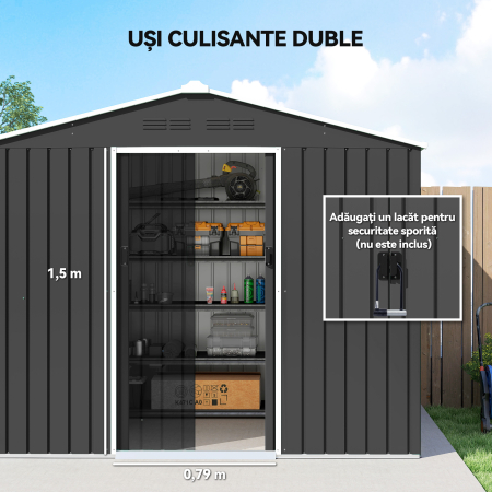  Casuta de Gradina 3.6m² din Otel Galvanizat cu Guri de Aerisire, Depozit de Gradina cu Usi Glisante Blocabile, Acoperis inclinat, Casuta pentru Unelte, Gri inchis [4]