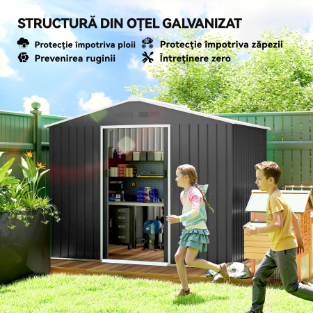  Casuta de Gradina 3.6m² din Otel Galvanizat cu Guri de Aerisire, Depozit de Gradina cu Usi Glisante Blocabile, Acoperis inclinat, Casuta pentru Unelte, Gri inchis [3]