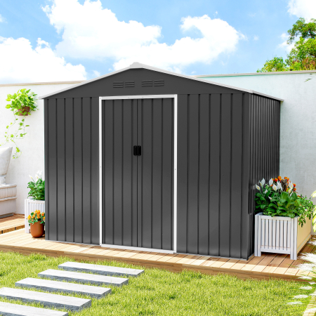  Casuta de Gradina 3.6m² din Otel Galvanizat cu Guri de Aerisire, Depozit de Gradina cu Usi Glisante Blocabile, Acoperis inclinat, Casuta pentru Unelte, Gri inchis [8]