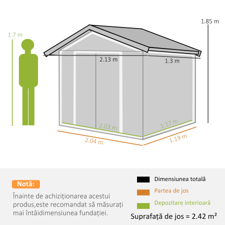  Casuta de Gradina Depozitare Unelte din Tabla de Otel, Magazie de Gradina din Otel cu Usi glisante, 213x130x185cm, Gri [3]