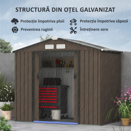  Casuta de Gradina din Metal cu Aerisiri si Usa Dubla Glisanta, 2,1x1,3 m, Maro [3]