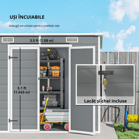  Casuta de Gradina din Rasina cu Podea, 2 Usi Blocabile, Fereastra, 2,4 x 1,3 m, Gri [4]