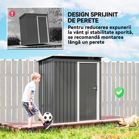  Casuta de Gradina Exterior 1,16 m² 163x89x182 cm din Metal cu Usa Culisanta si Acoperis inclinat, Gri [5]