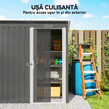  Casuta de Gradina Exterior 1,16 m² 163x89x182 cm din Metal cu Usa Culisanta si Acoperis inclinat, Gri [4]