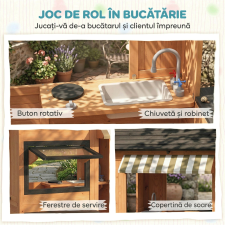  Casuta de Gradina pentru Copii din Lemn de Brad, Casuta pentru Exterior cu Bucatarie, 4 Ferestre, Usa Partiala, Banca, Raft si Acoperis, pentru Copii 3-8 Ani, 171.5x146x156 cm, Maro [3]