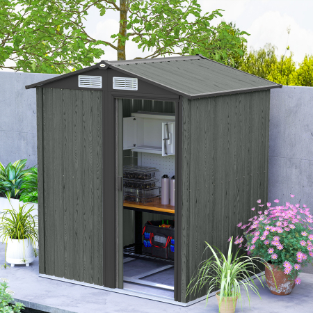  Casuta de Gradina pentru Unelte din Otel cu Acoperis inclinat si 4 Ferestre de Ventilatie, 152x132x188 cm, Gri [8]